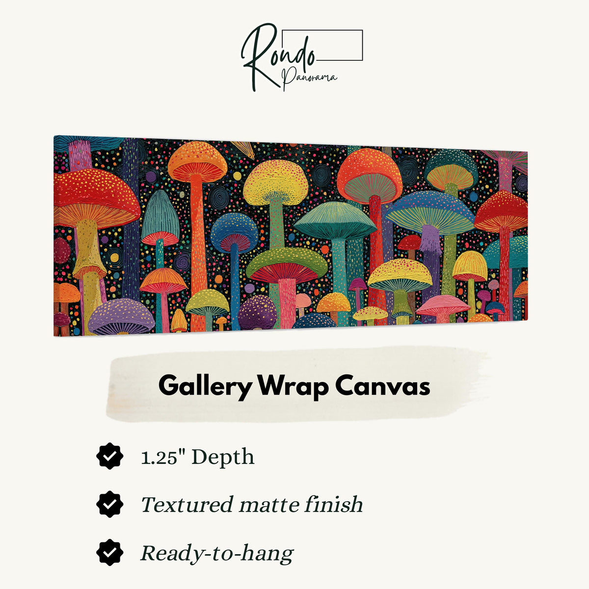 Colorful dotted mushrooms at midnight gallery wrap canvas with the image wrapped around the edges