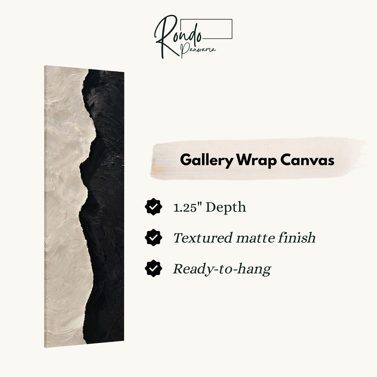 Black and cream textured brushstroke gallery wrap canvas with the image wrapped around the edges