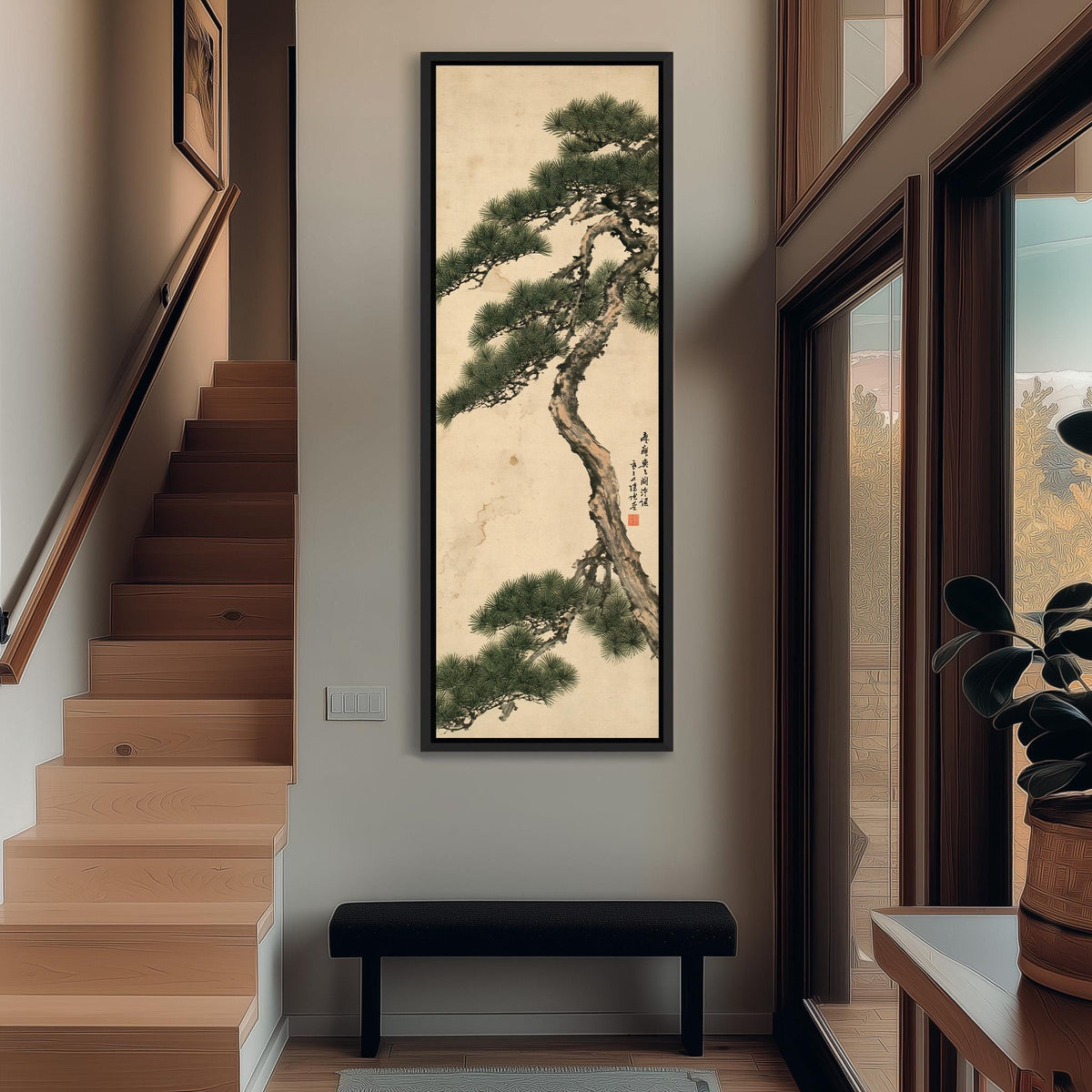 Twisting pine tree with calligraphy tall narrow canvas print beside a staircase in an entryway