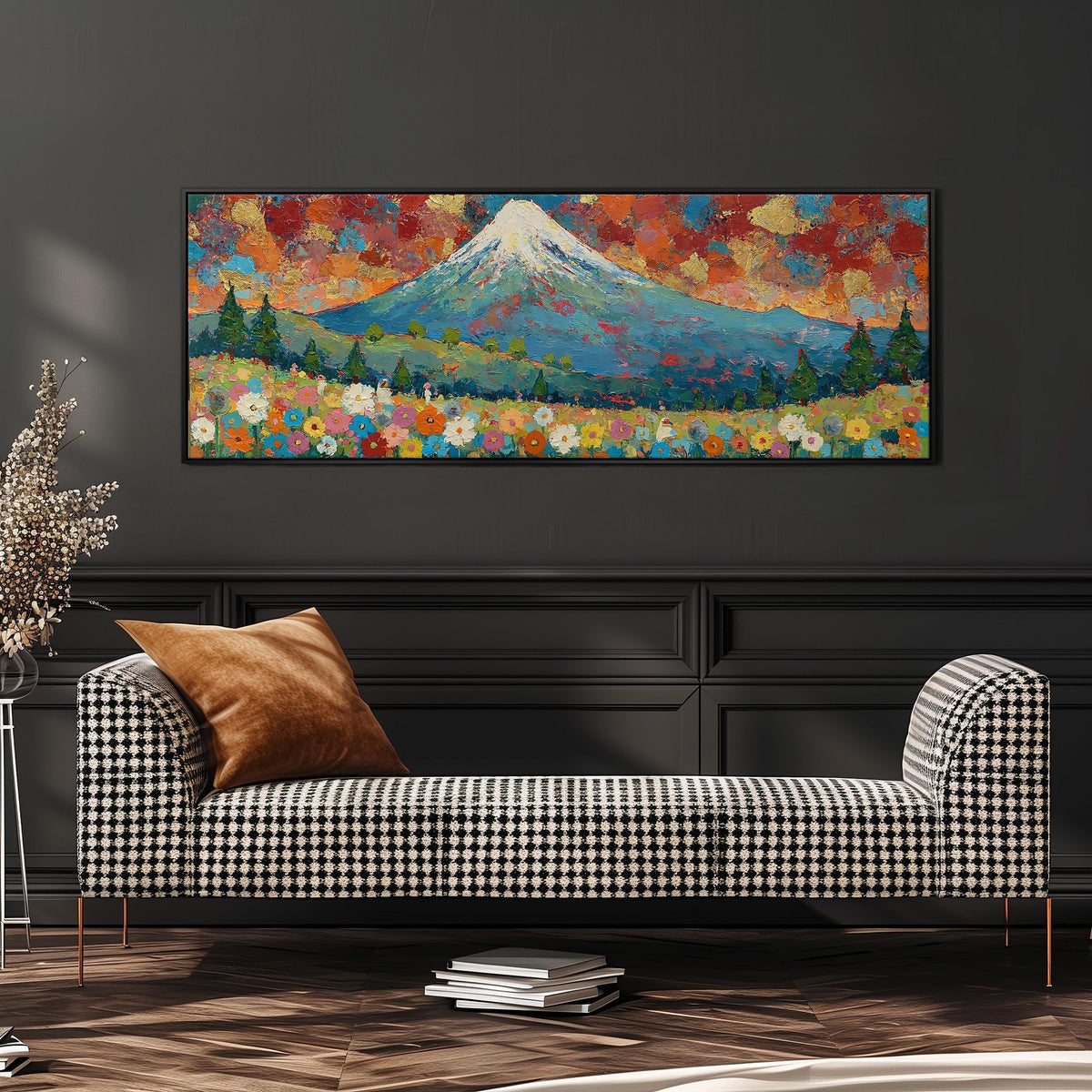 Mount Fuji above autumn trees and wildflowers wide panoramic canvas print above a bench in a dark living room