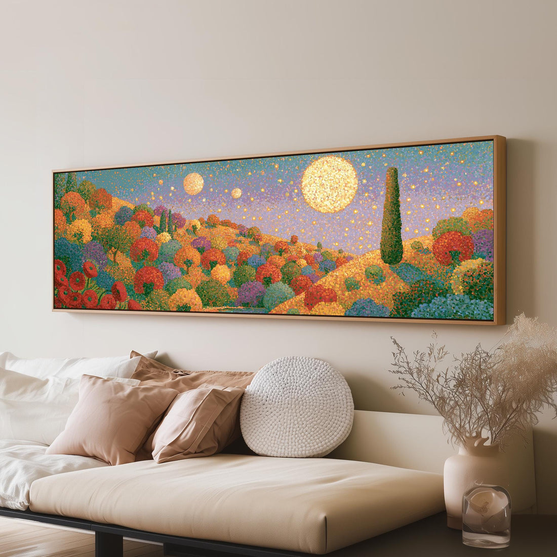 Autumn hillside under glowing moons long horizontal canvas print above a sofa in a living room