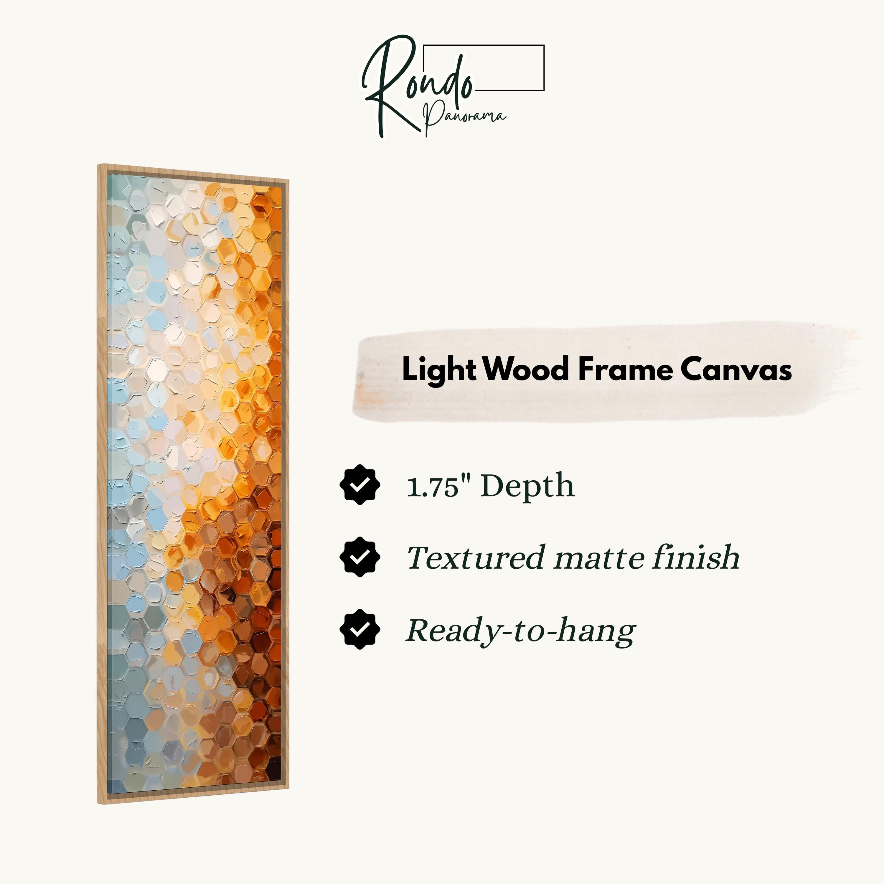 The image is a product advertisement for a light wood frame canvas. It features a close-up of a colorful abstract painting with a text box providing details about the product.
