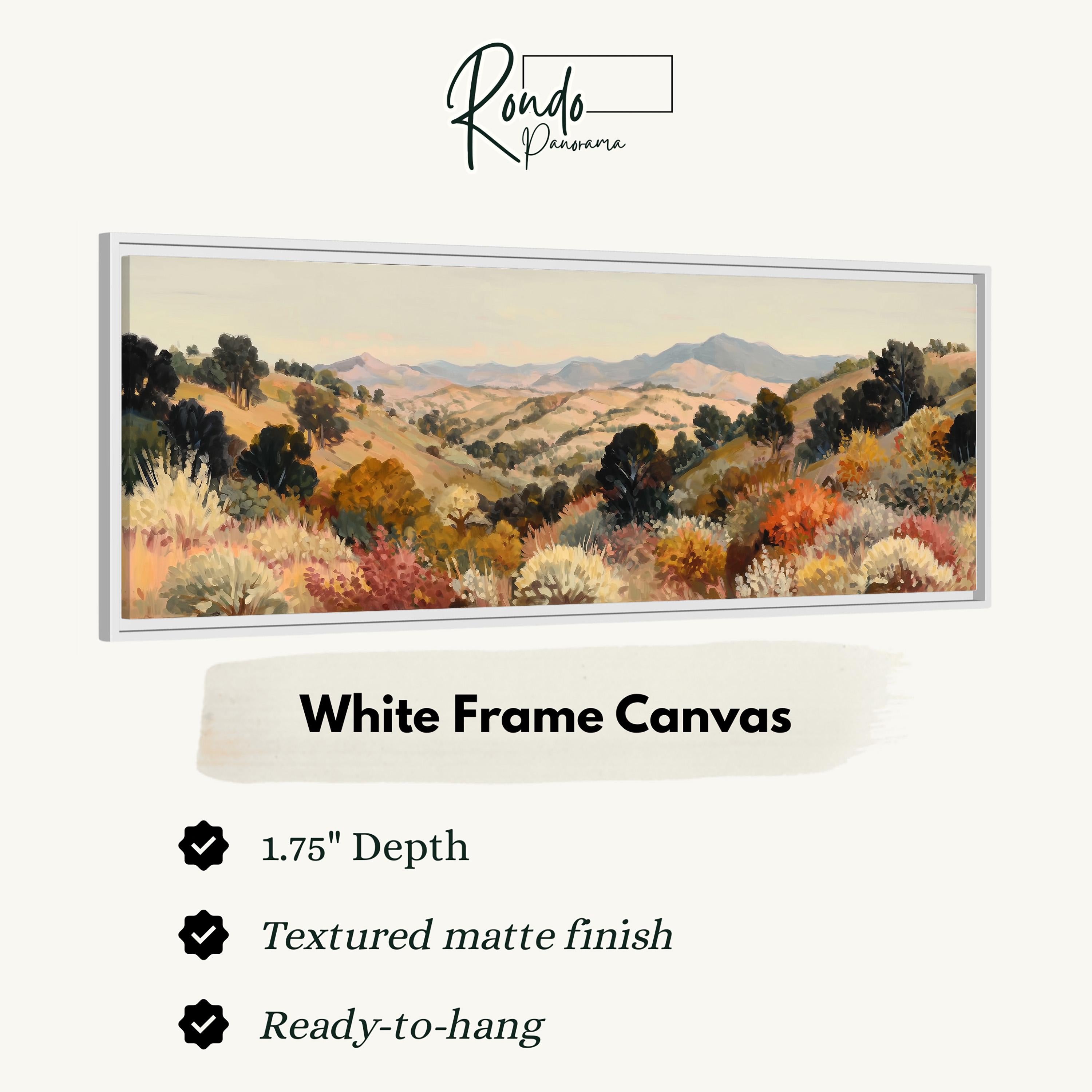The image is a white frame canvas depicting a landscape with mountains and trees.
