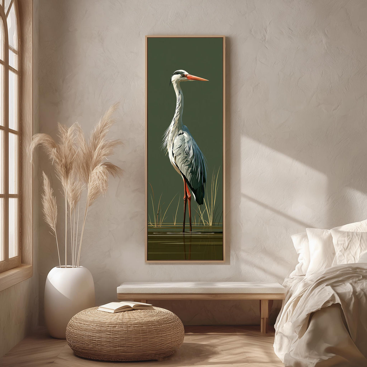 Grey heron standing on olive green long vertical canvas print in a bright reading corner