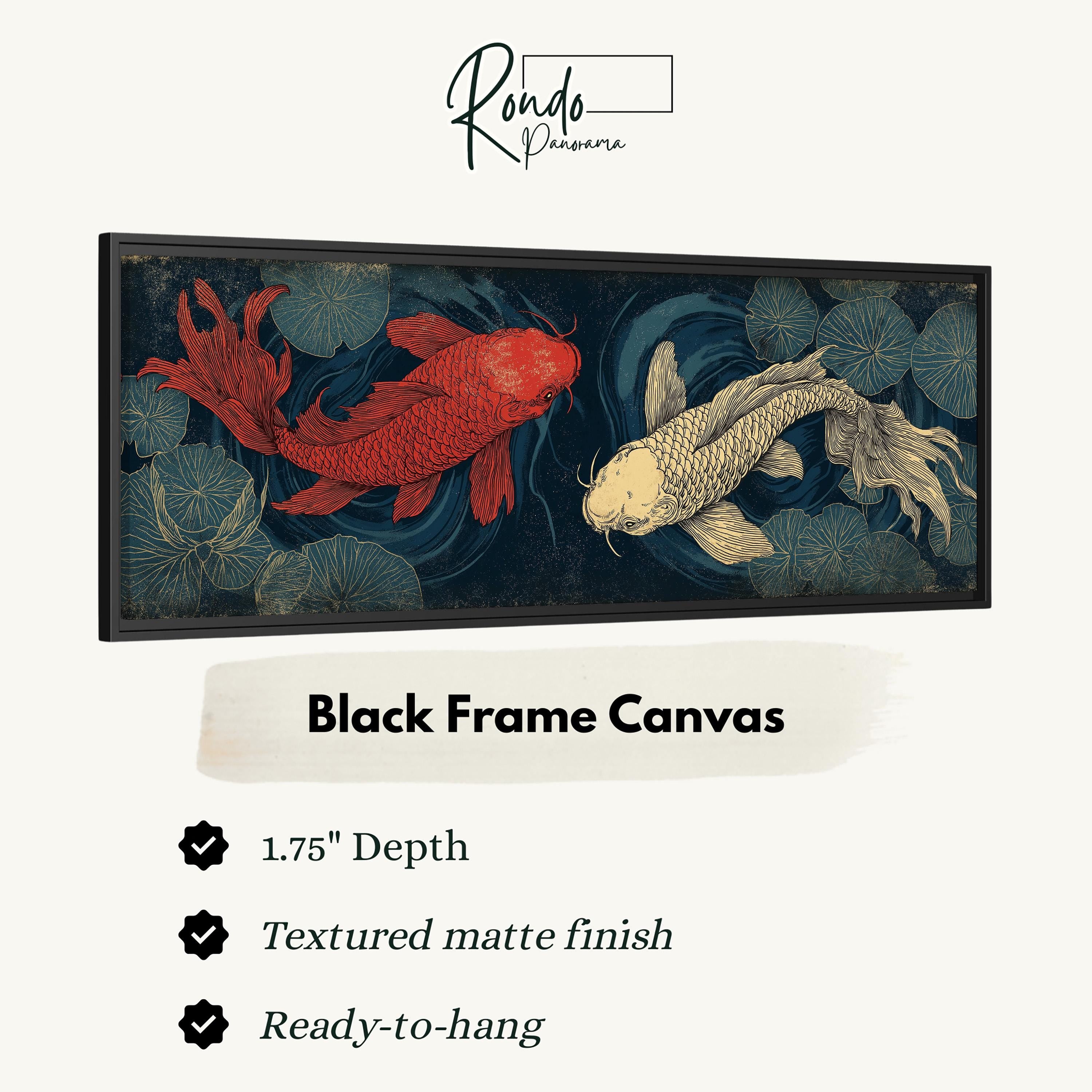 a black frame canvas with a painting of two koi fish, one red and one white, swimming in a pond with lily pads.
