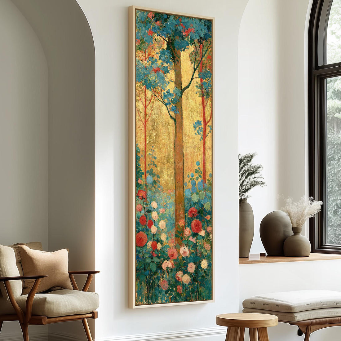 Golden tree with roses in an Art Nouveau style long vertical canvas print in a sunlit living space