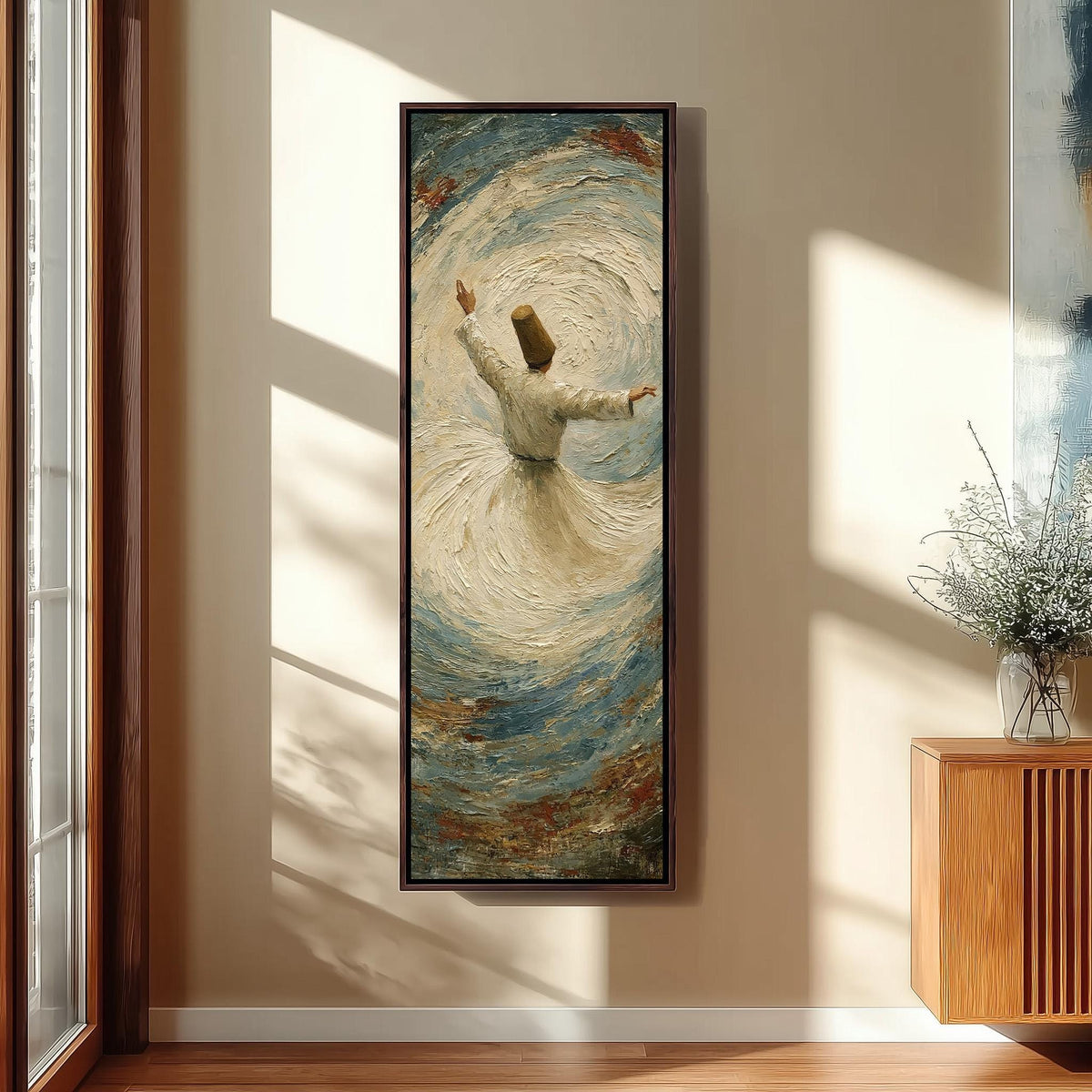 Whirling dervish tall skinny canvas print in a sunlit living space