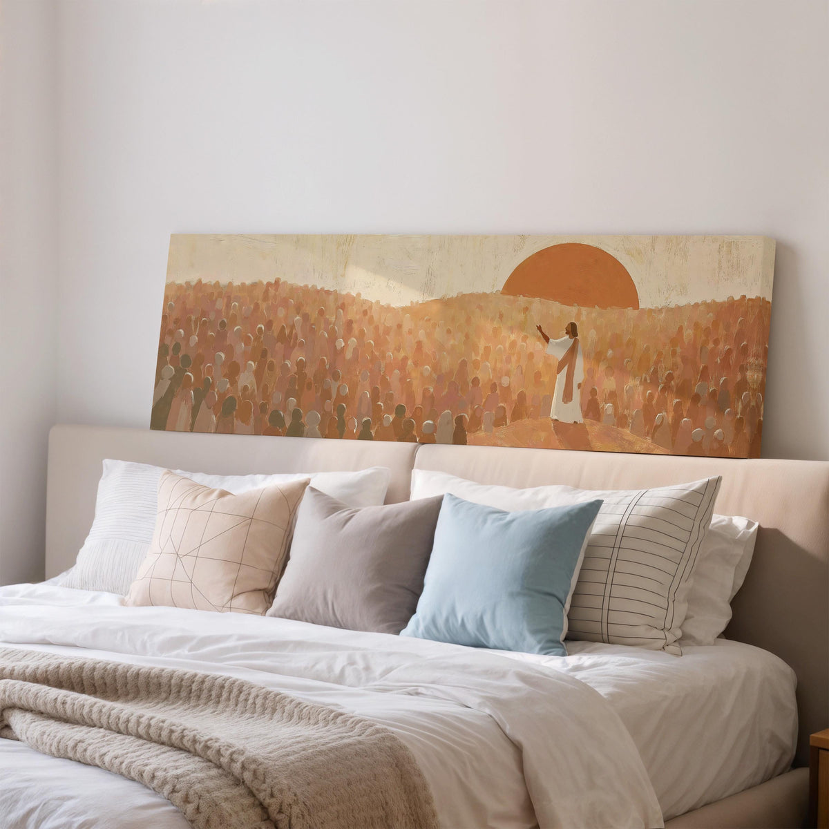 Jesus preaching to a crowd at sunset wide panoramic canvas print above a bed in a bedroom