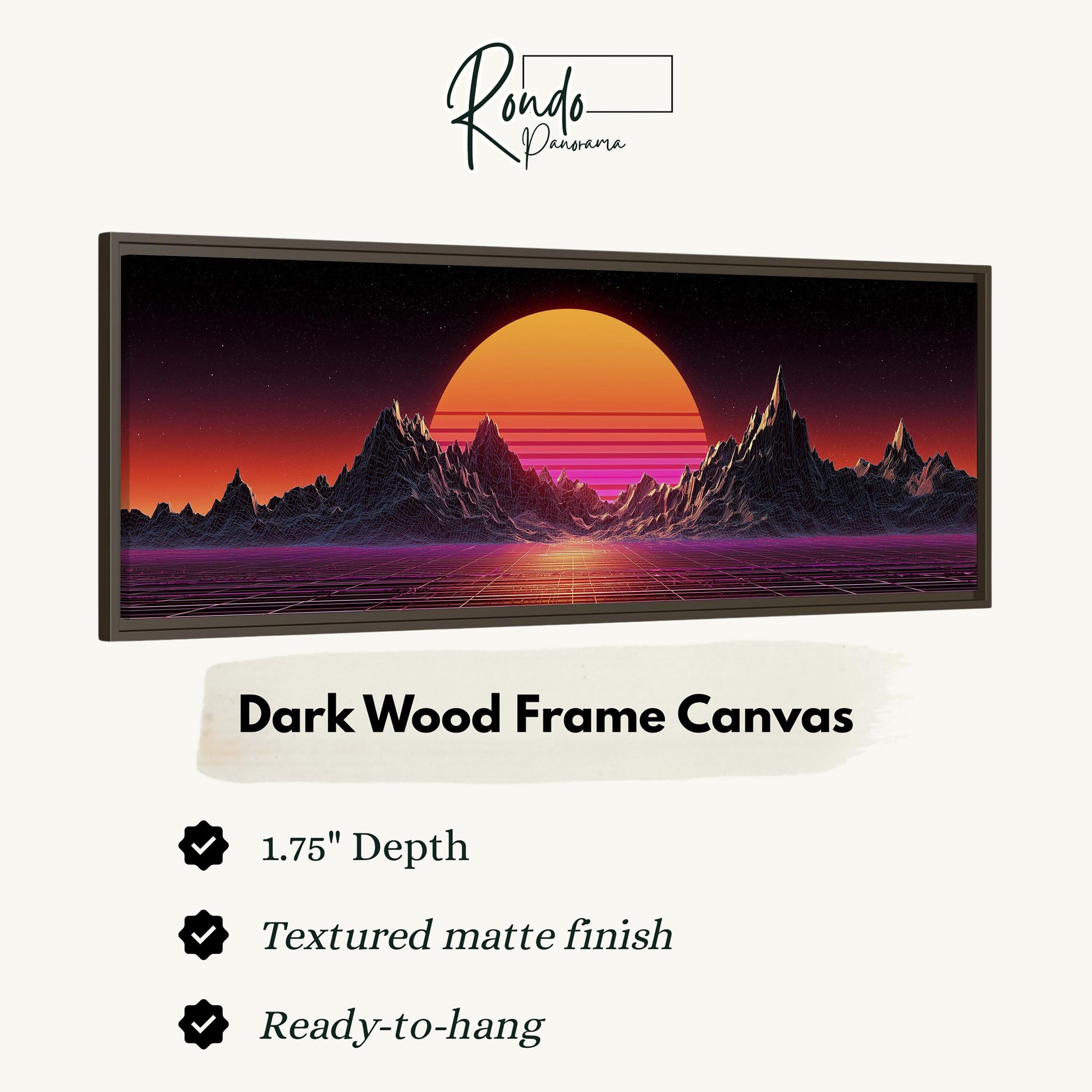 The image is a dark wood frame canvas depicting a sunset over mountains with a gradient of orange and purple colors.