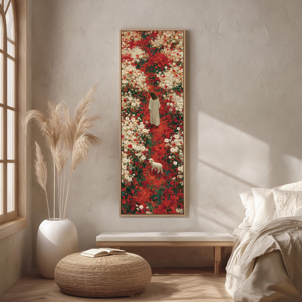 Jesus with a lamb in a red flower field long vertical canvas print in a bright reading corner