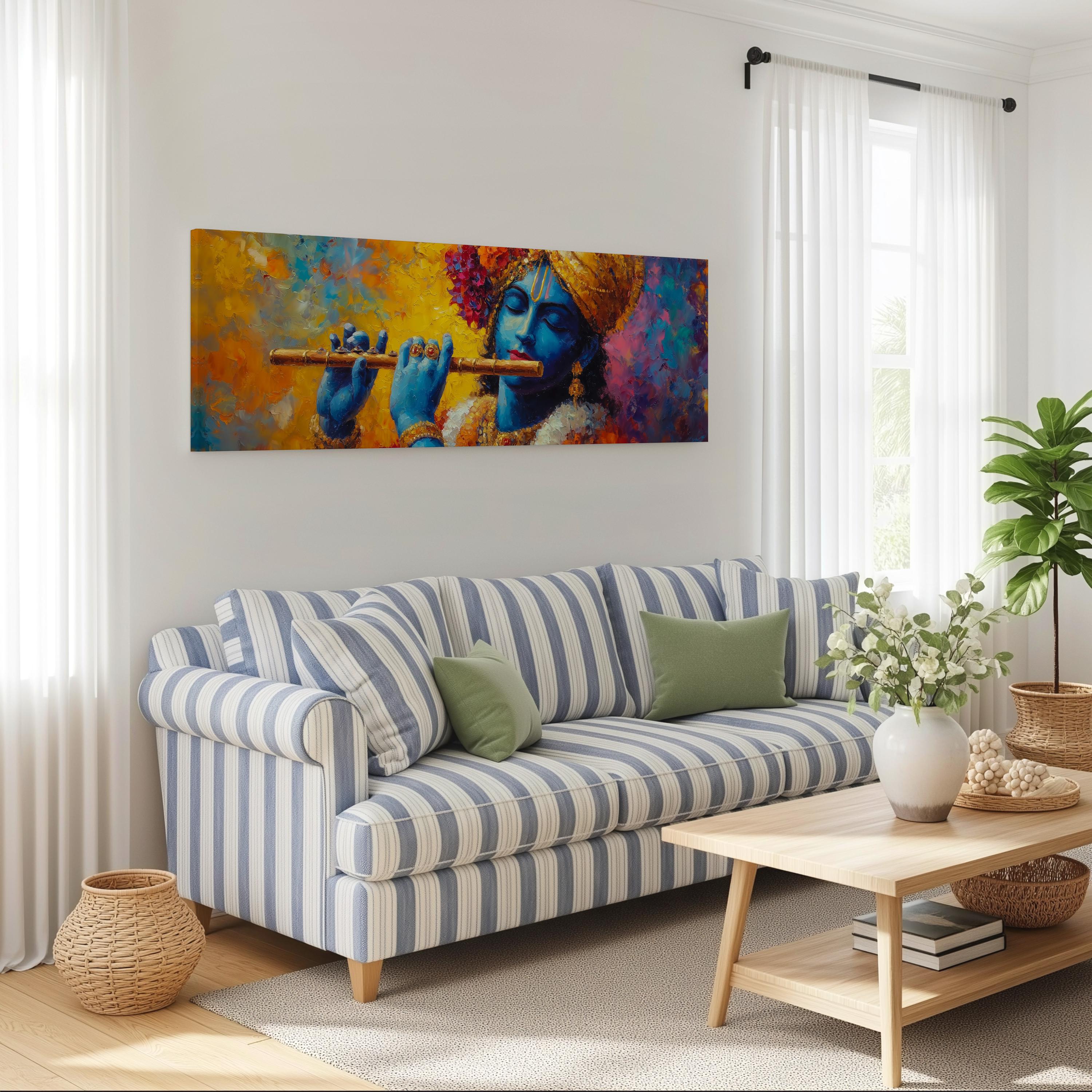 a living room with a blue and white striped sofa, a wooden coffee table, and a large painting of a colorful, stylized depiction of a person playing a flute.