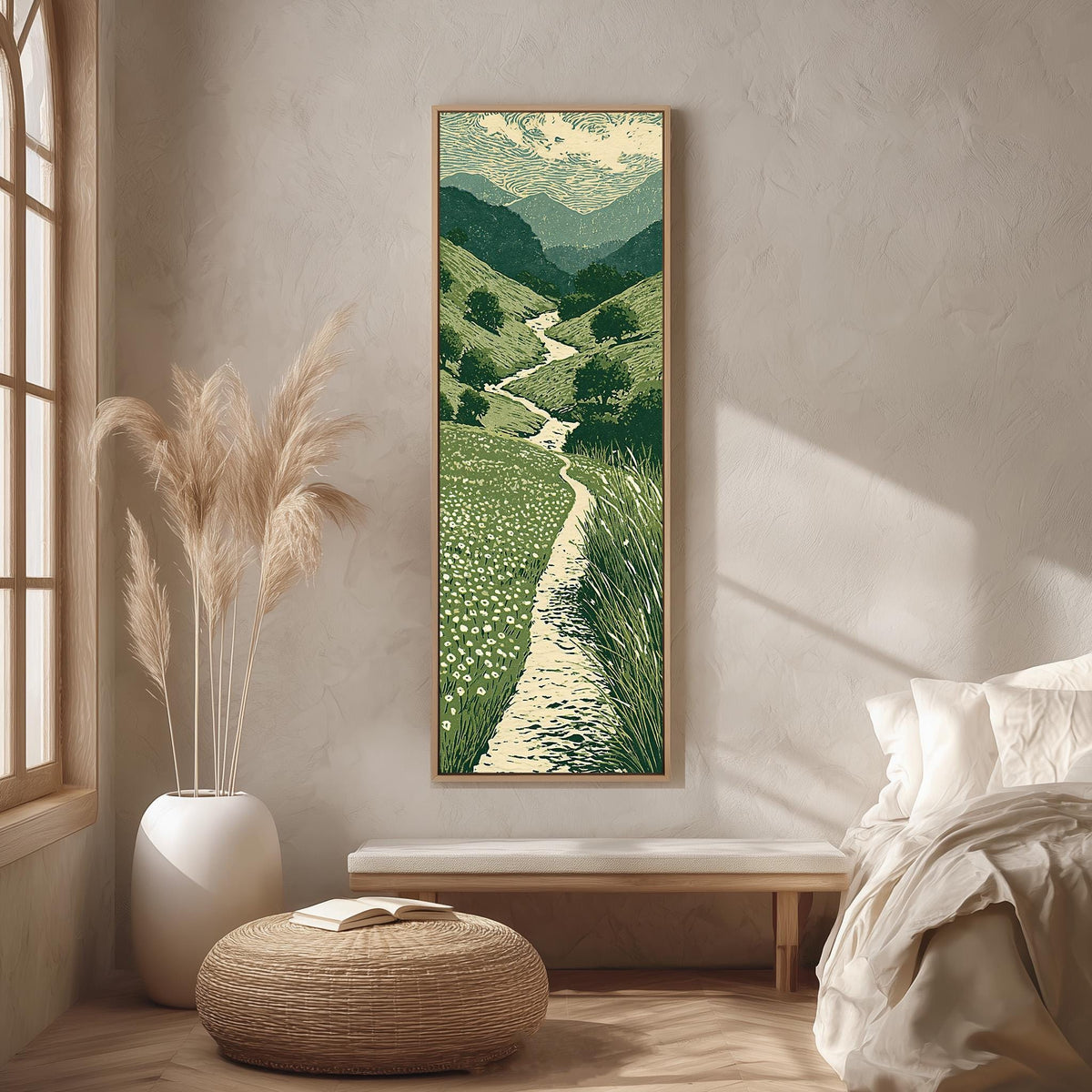 Trail winding through green mountains long vertical canvas print in a bright reading corner