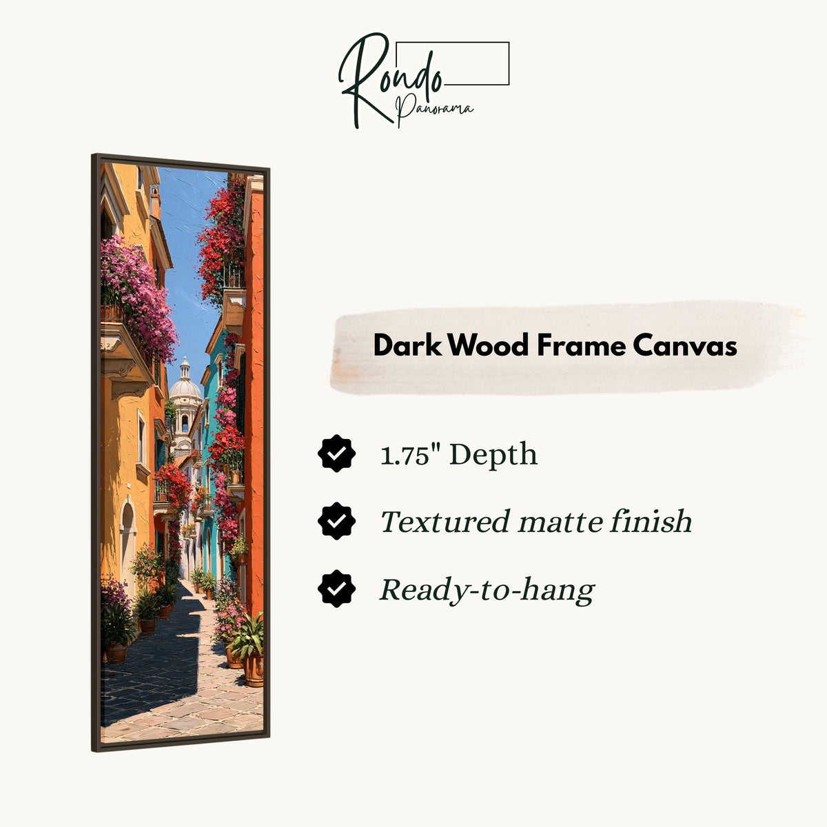 Colorful street with flowered balconies canvas print in a dark wood floating frame