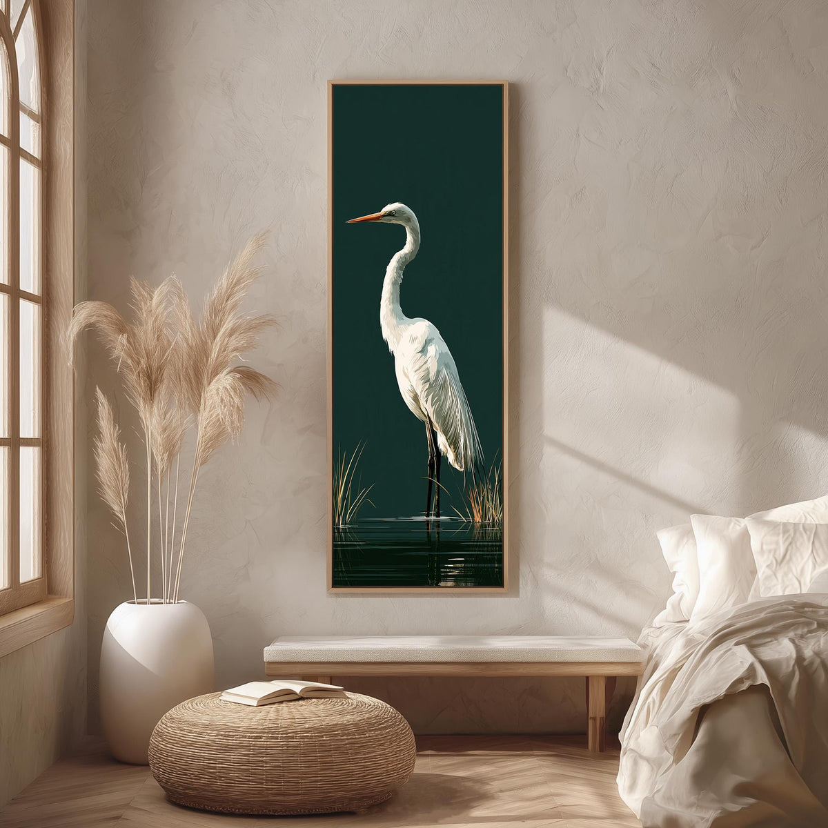 Great egret standing on dark green long vertical canvas print in a bright reading corner