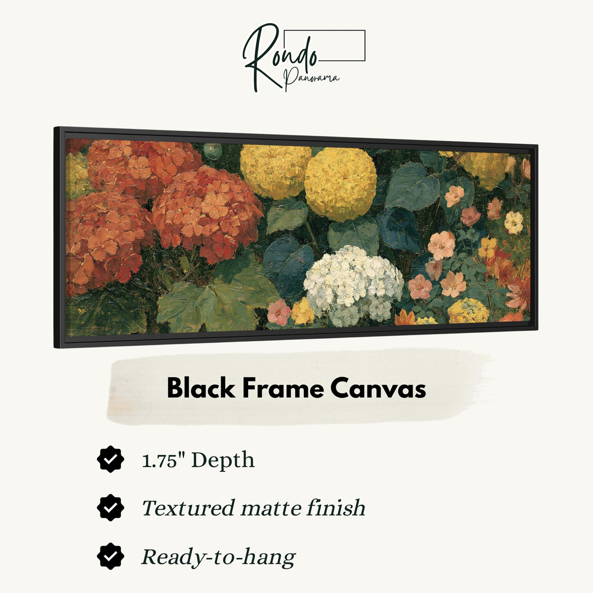 Warm hydrangea and dahlia bouquet canvas print in a black floating frame