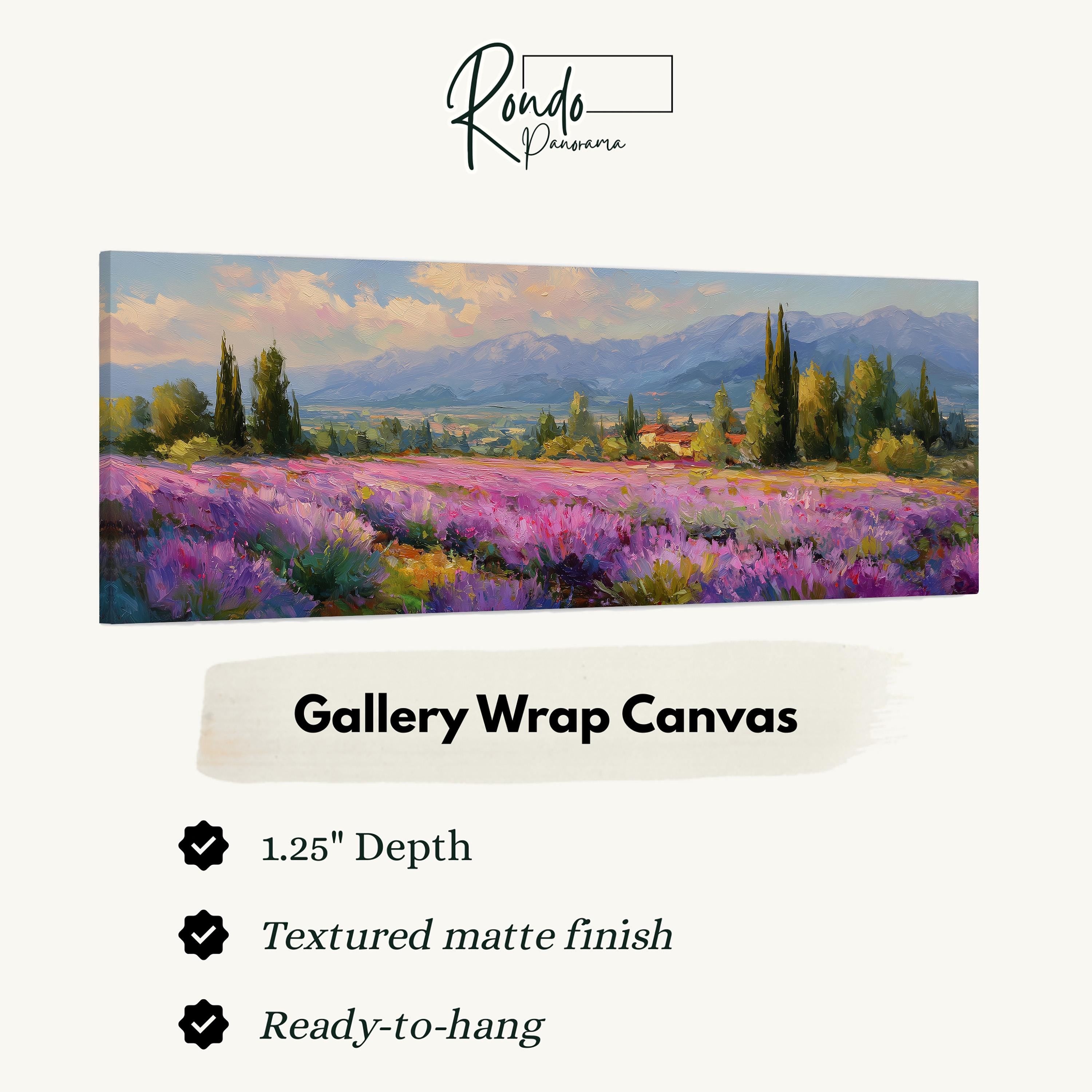 The image is a painting of a field of lavender flowers, with mountains in the background.