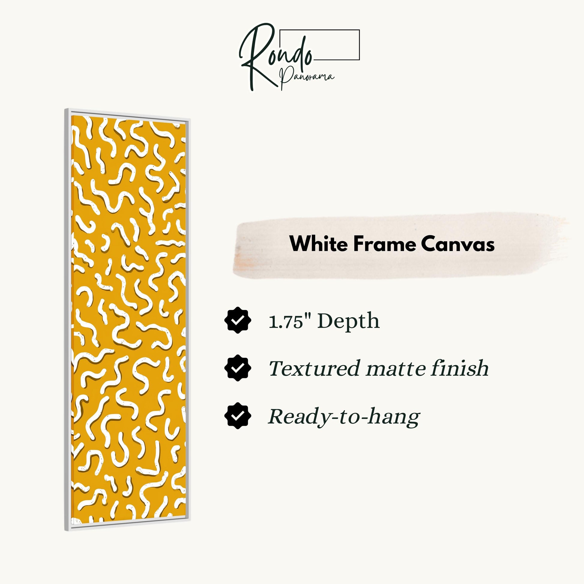 The image is a product description for a white frame canvas. It features a vertical image of a yellow and white patterned design, along with text providing details about the product.