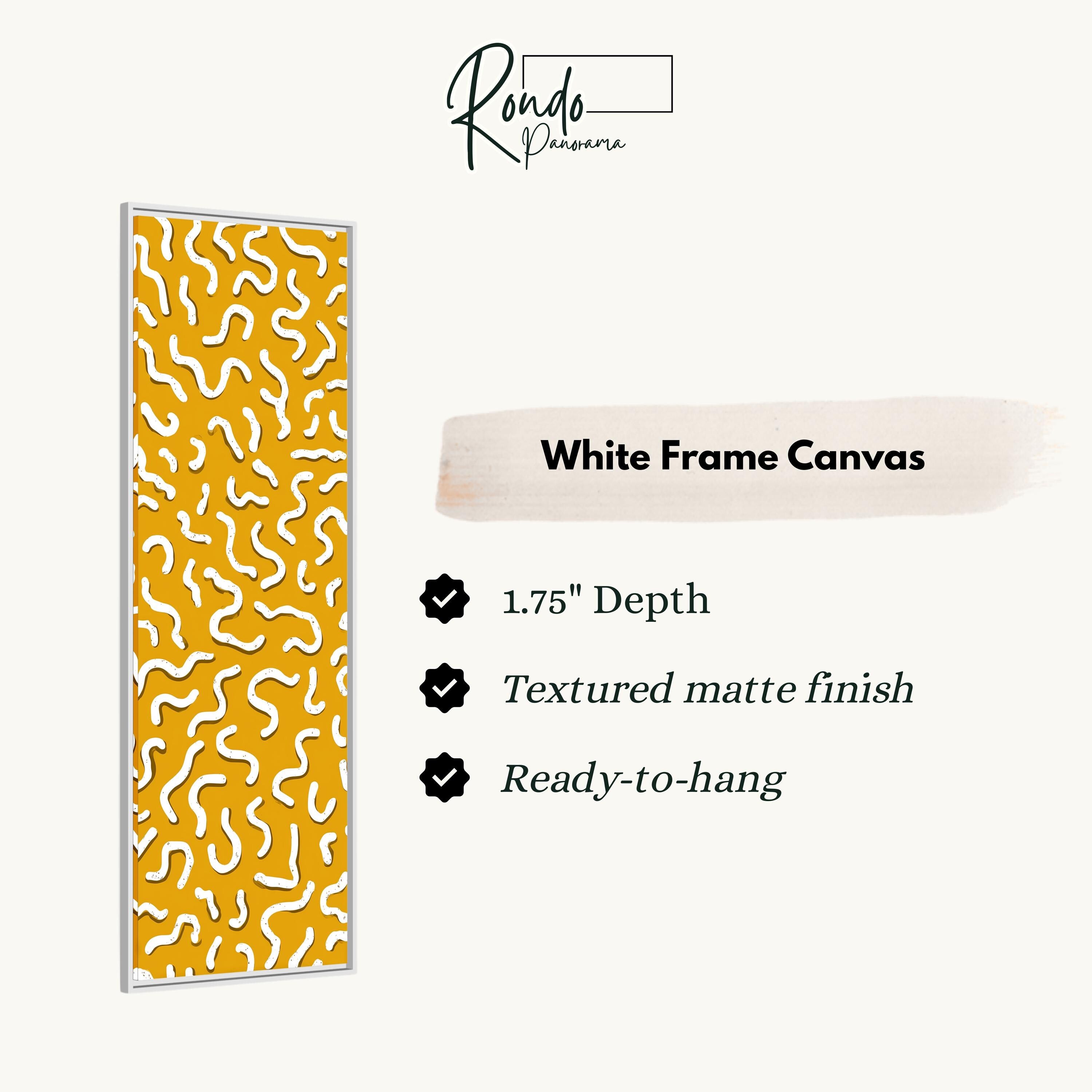 The image is a product description for a white frame canvas. It features a vertical image of a yellow and white patterned design, along with text providing details about the product.