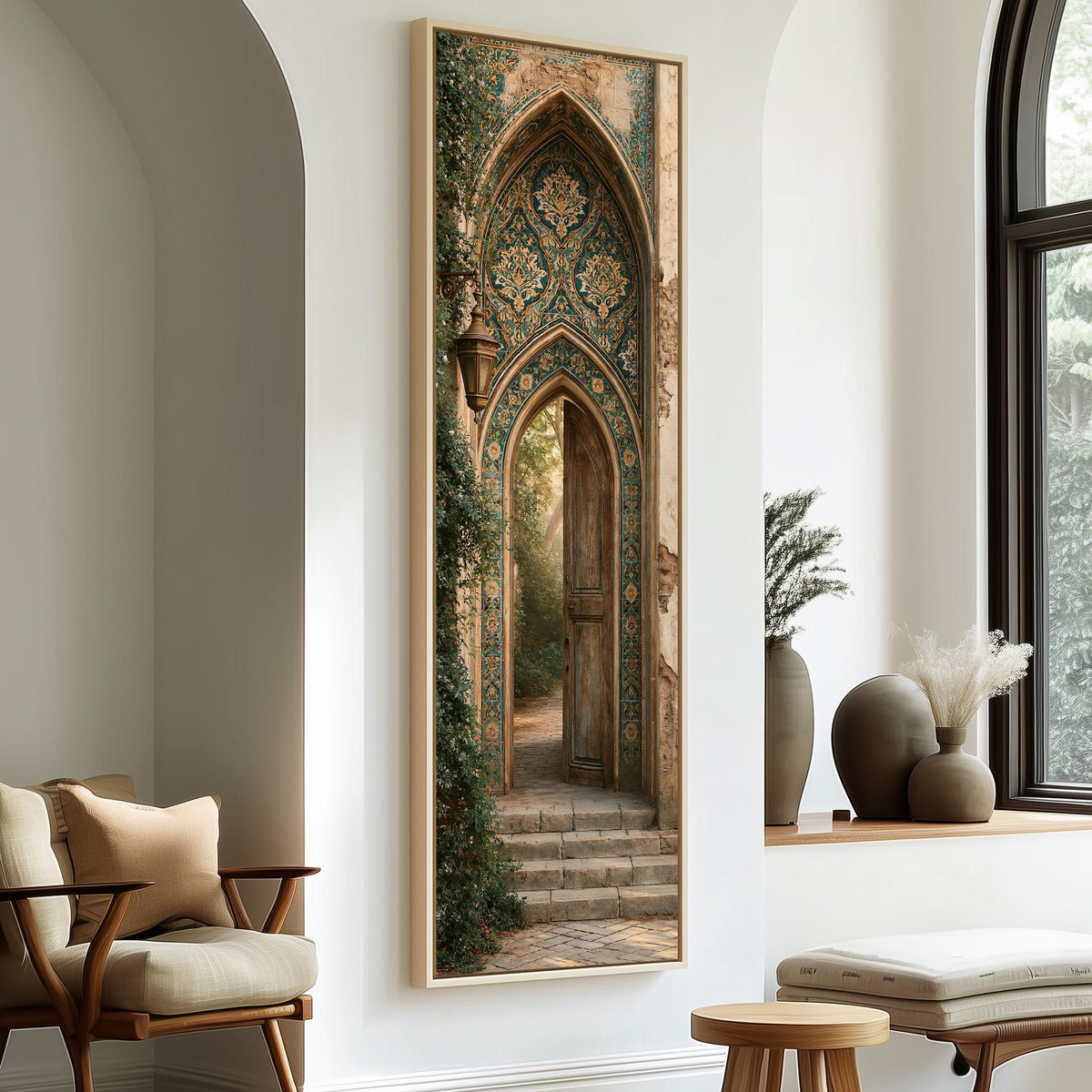 Ornate tiled arch doorway tall skinny canvas print in a sunlit living space