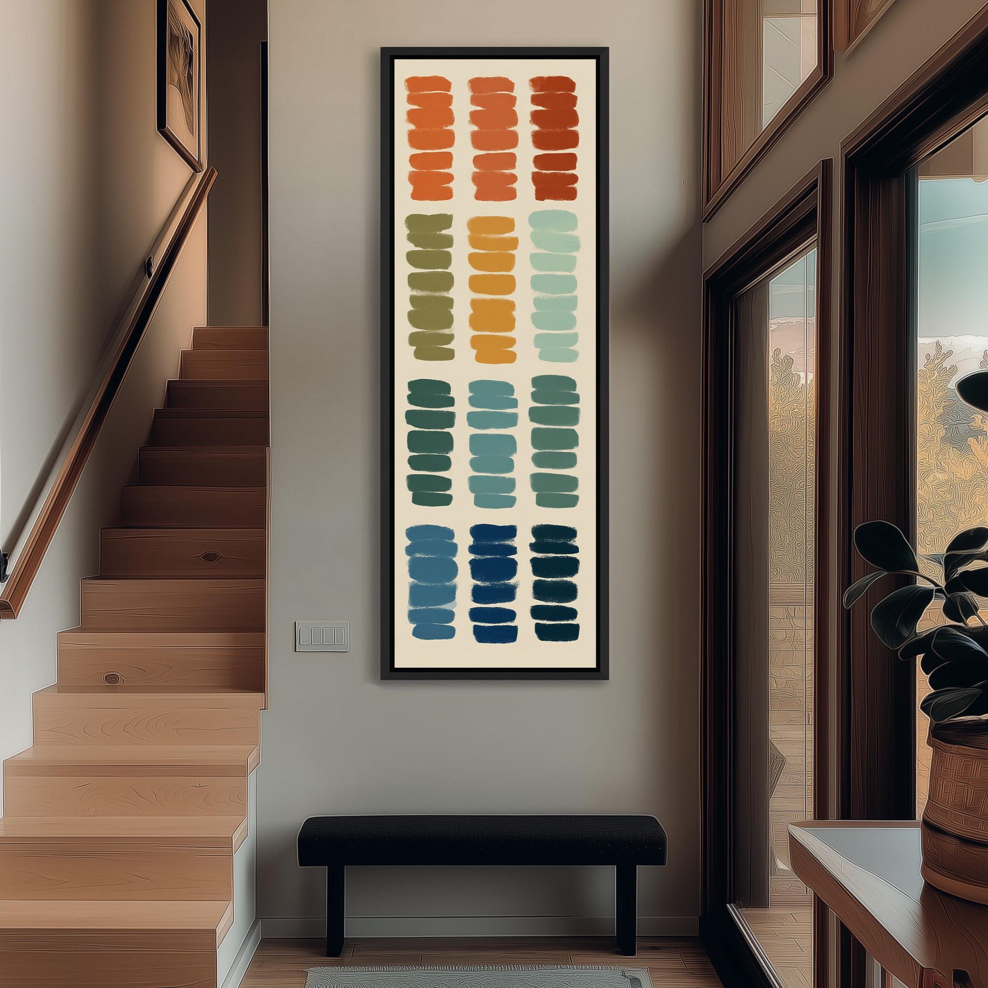 a hallway with a large abstract painting hanging on the wall, depicting a colorful arrangement of squares in various shades of orange, green, blue, and yellow. The hallway also includes a staircase, a bench, and a potted plant, creating a cozy and inviting atmosphere.