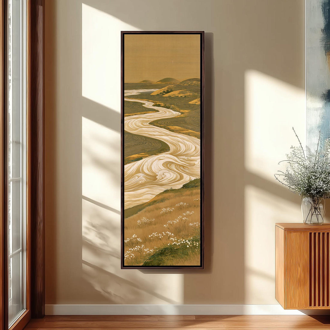 Winding golden river through a valley long vertical canvas print in a sunlit living space