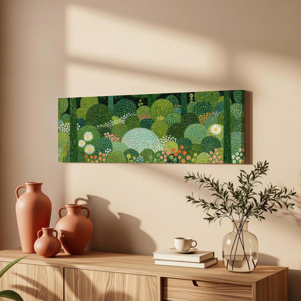 Whimsical dotted topiary garden long horizontal canvas print above a wooden sideboard