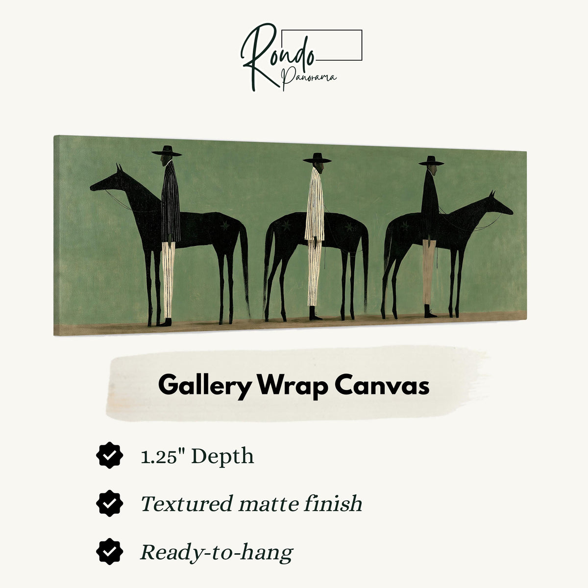 Three stylized cowboys with horses on sage green gallery wrap canvas with the image wrapped around the edges