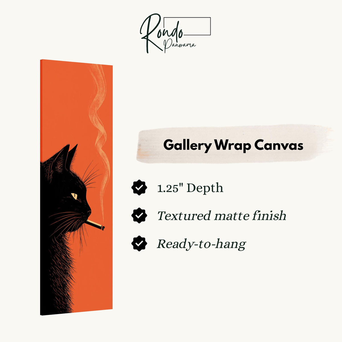 Black cat smoking on orange gallery wrap canvas with the image wrapped around the edges