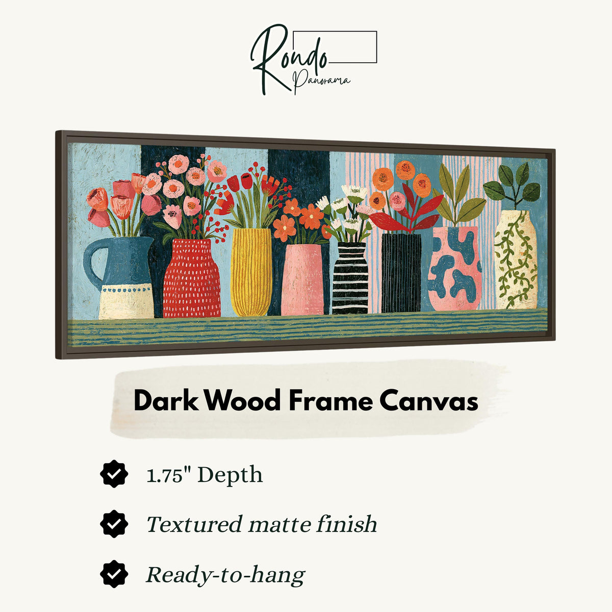 Row of folk art flower vases canvas print in a dark wood floating frame