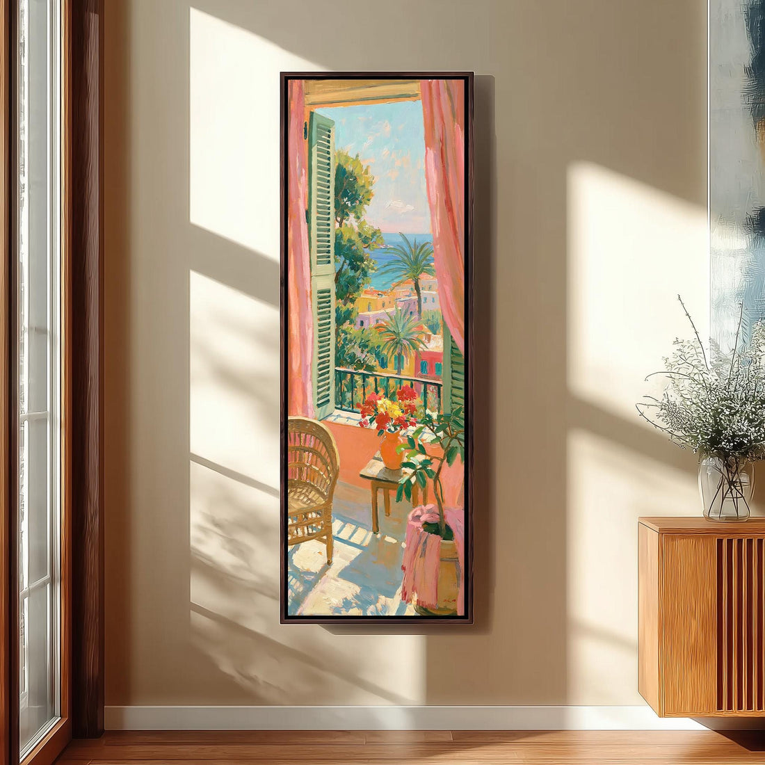 Sunny coastal balcony with breakfast and flowers long vertical canvas print in a sunlit living space