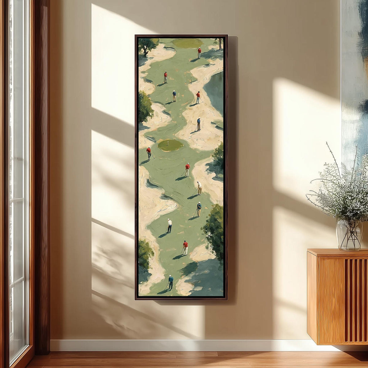 Golfers among sand bunkers seen from above tall skinny canvas print in a sunlit living space