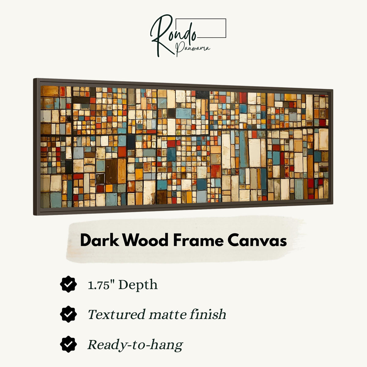 Earth tone mosaic grid in blue and ochre canvas print in a dark wood floating frame
