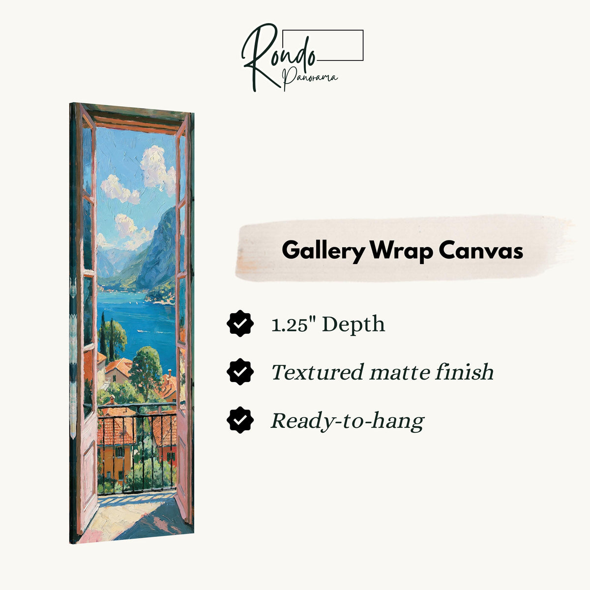 Italian lake view from an open balcony door gallery wrap canvas with the image wrapped around the edges