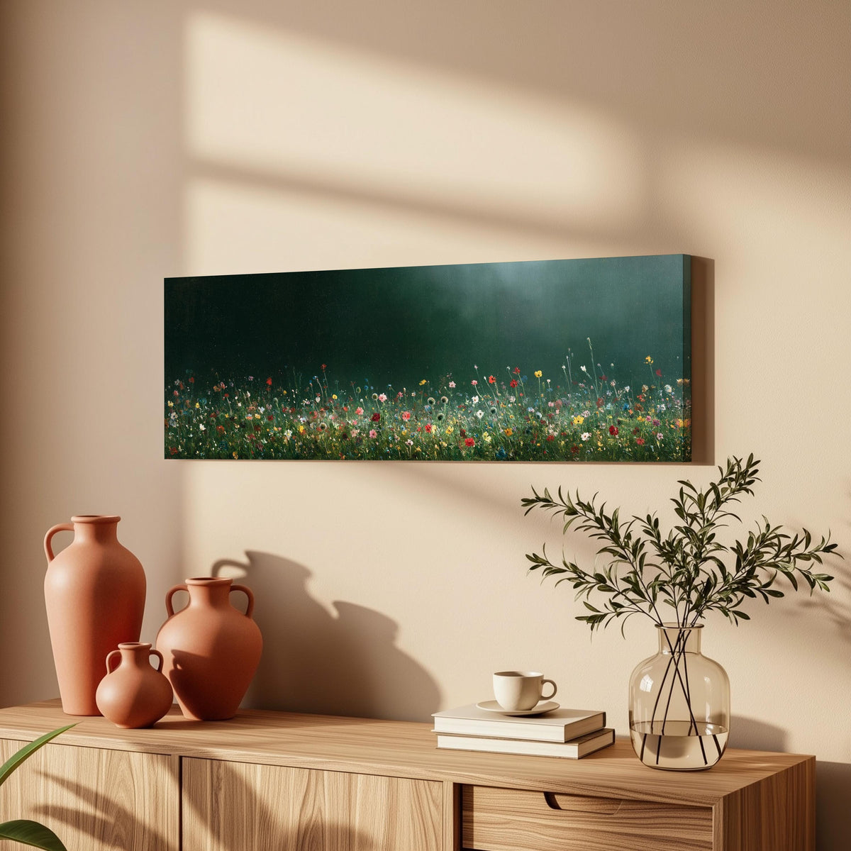 Wildflower field under a misty teal sky long horizontal canvas print above a wooden sideboard
