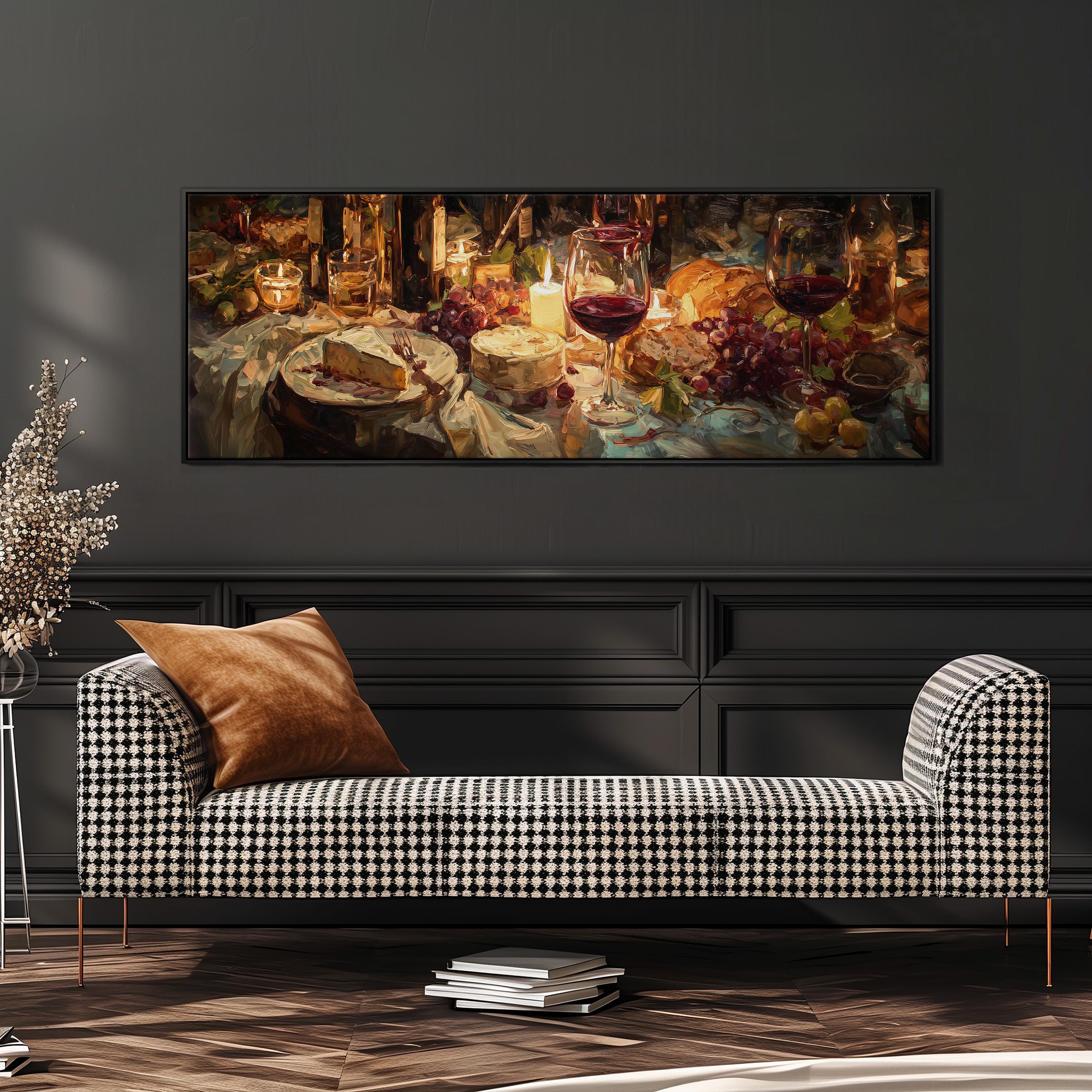 a cozy living room with a black and white checkered sofa, a stack of books, and a large painting of a table set with wine glasses, cheese, and grapes.