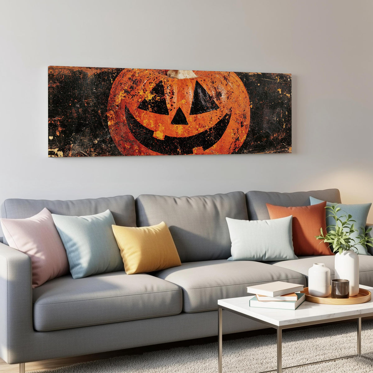 Rustic distressed jack-o'-lantern panoramic canvas print above a grey sofa in a living room