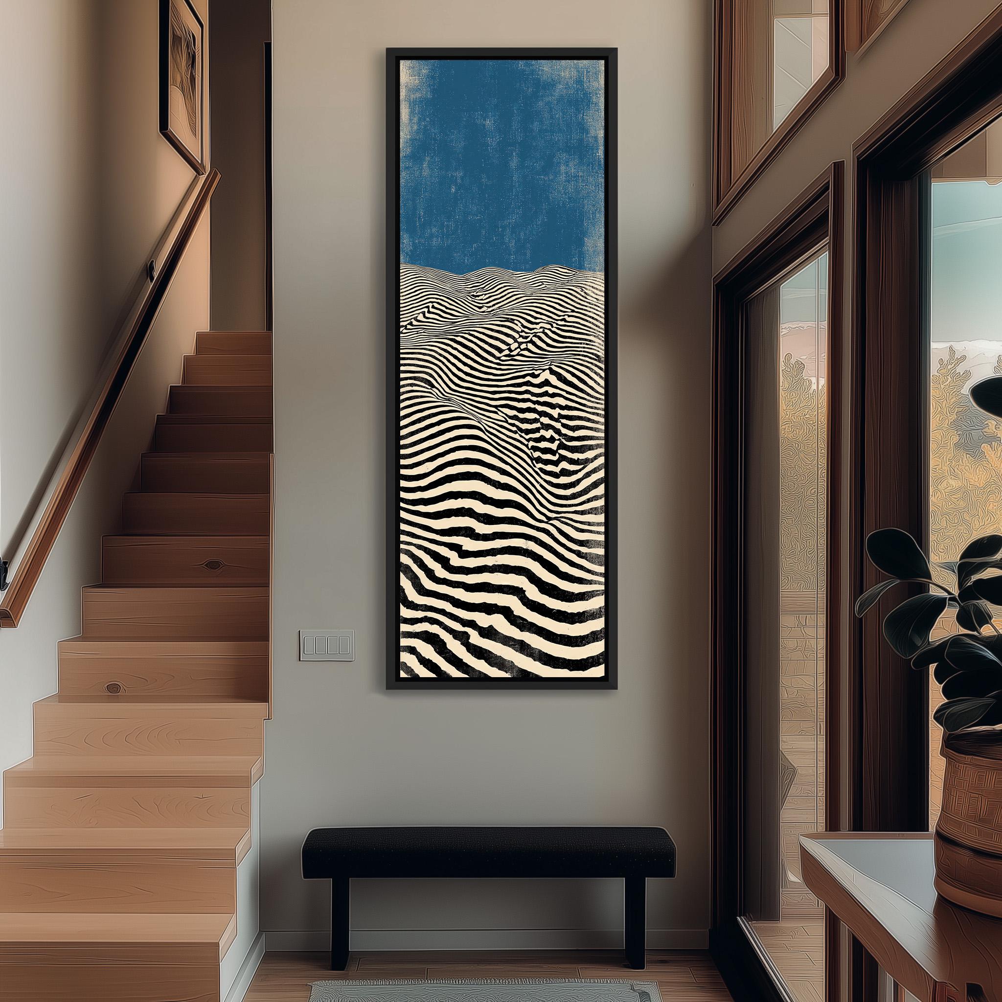 a hallway with a large painting of a zebra on the wall, a wooden staircase, and a black bench.