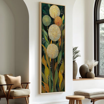 a large, colorful painting of flowers hanging on a wall in a room with a wooden chair and a small table.