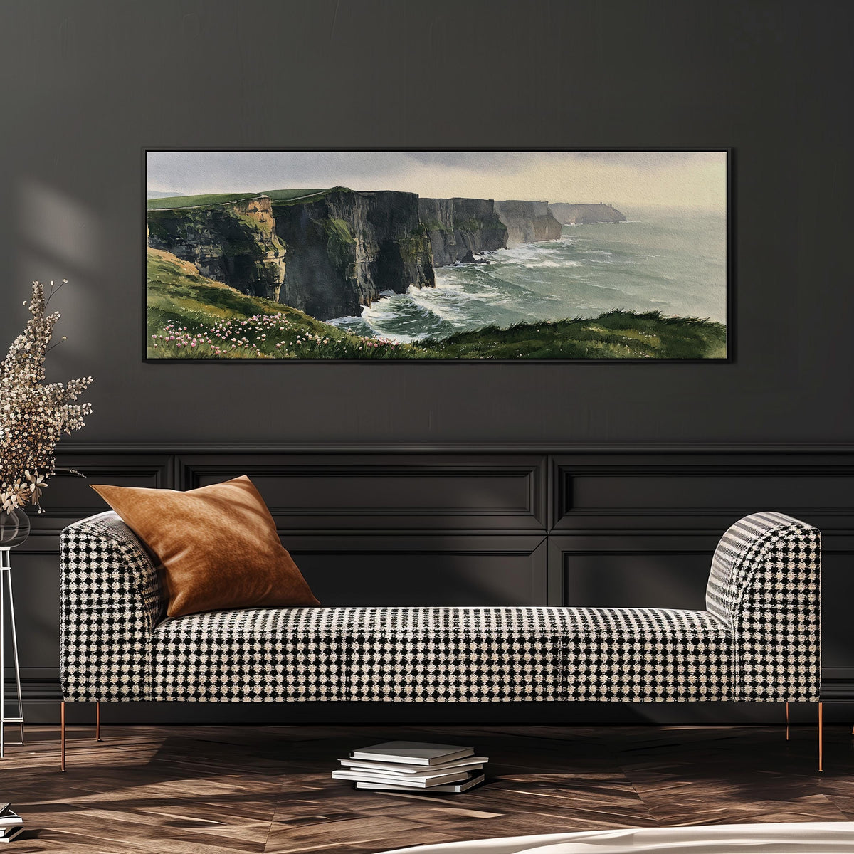 Green sea cliffs with wildflowers wide panoramic canvas print above a bench in a dark living room