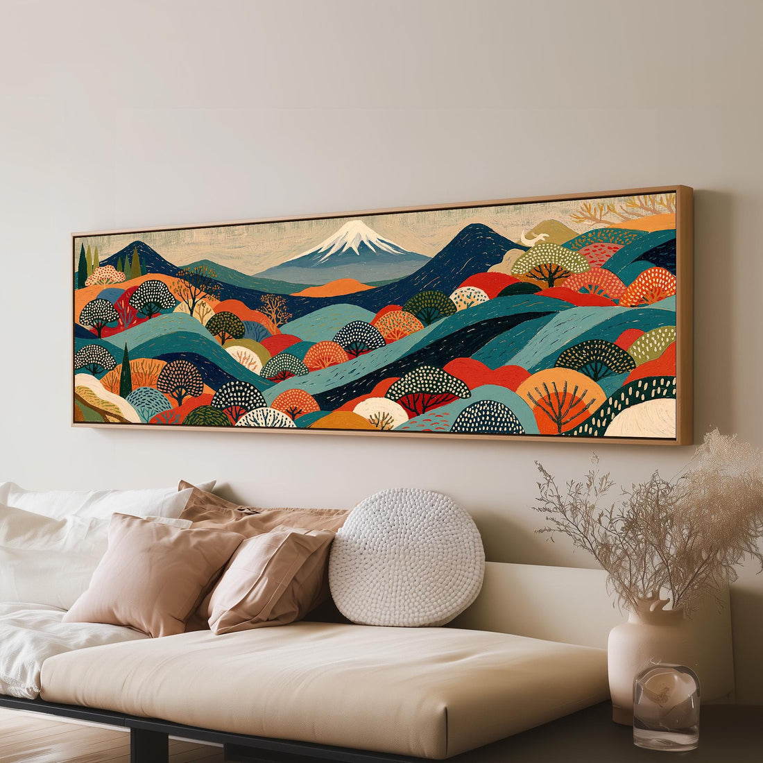 Mount Fuji above autumn patchwork hills long horizontal canvas print above a sofa in a living room