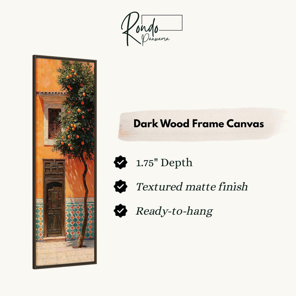 Orange tree beside a carved courtyard door canvas print in a dark wood floating frame