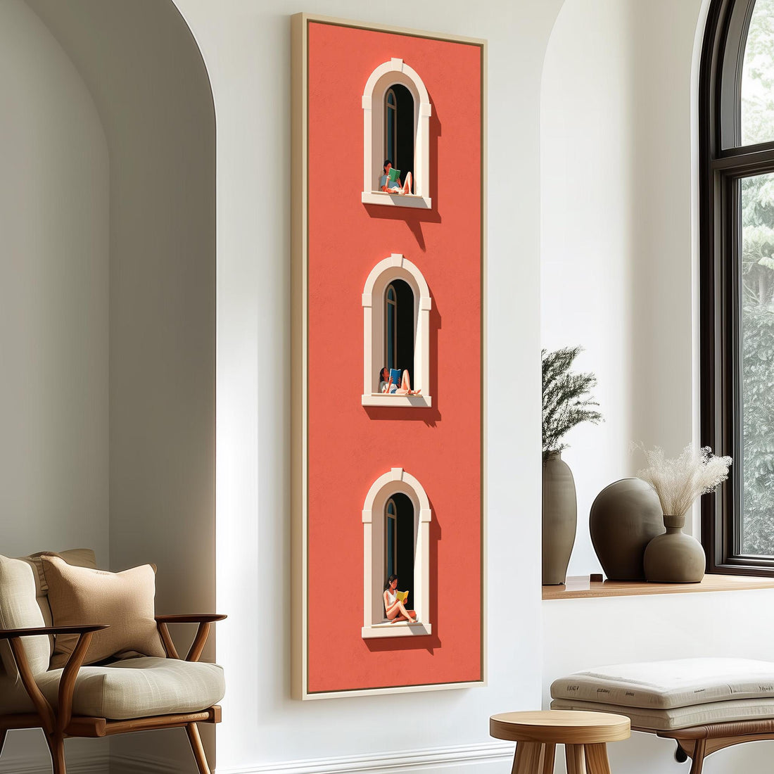 People reading in three arched windows on a coral wall long vertical canvas print in a sunlit living space