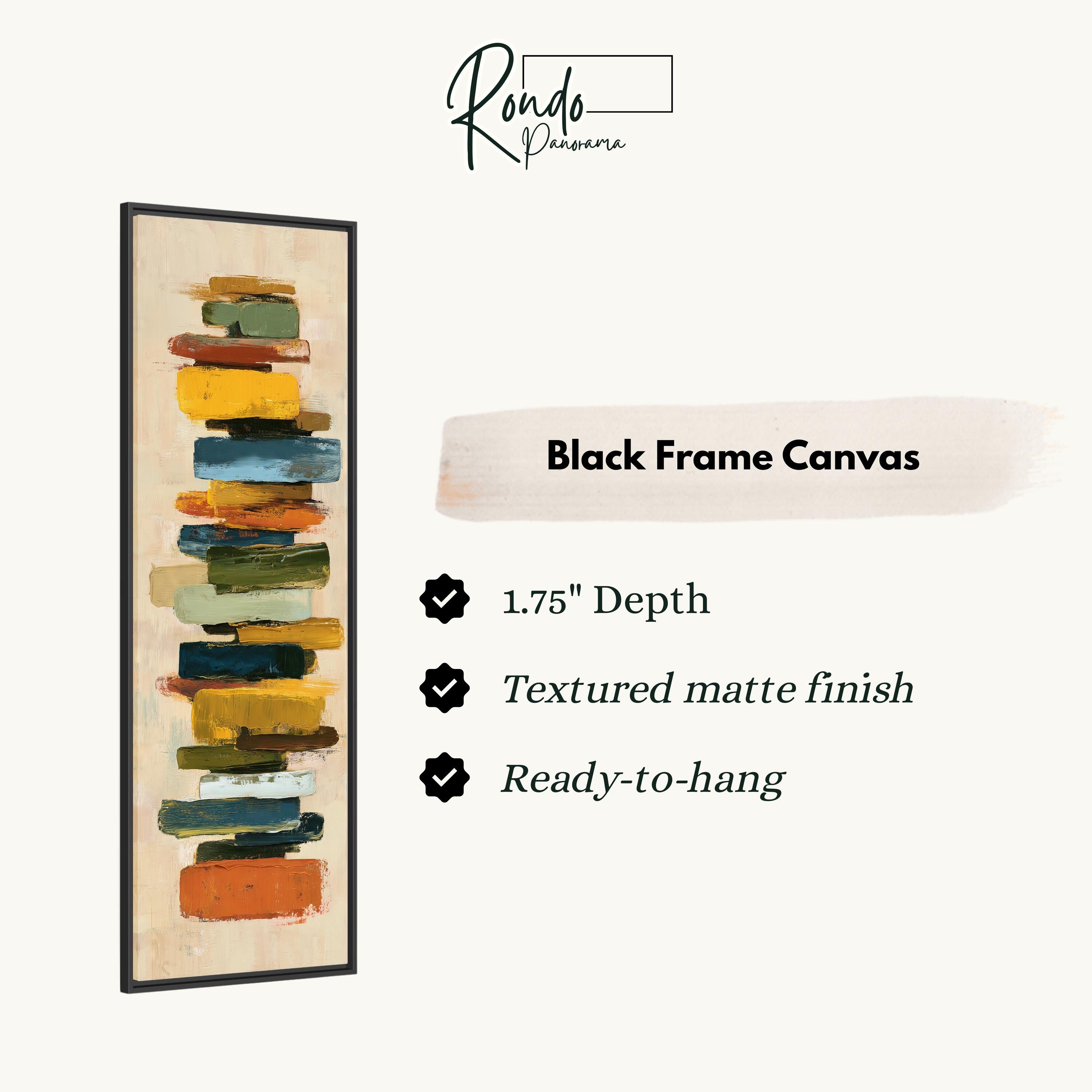 The image is a black frame canvas with a vertical stack of colorful abstract brushstrokes.