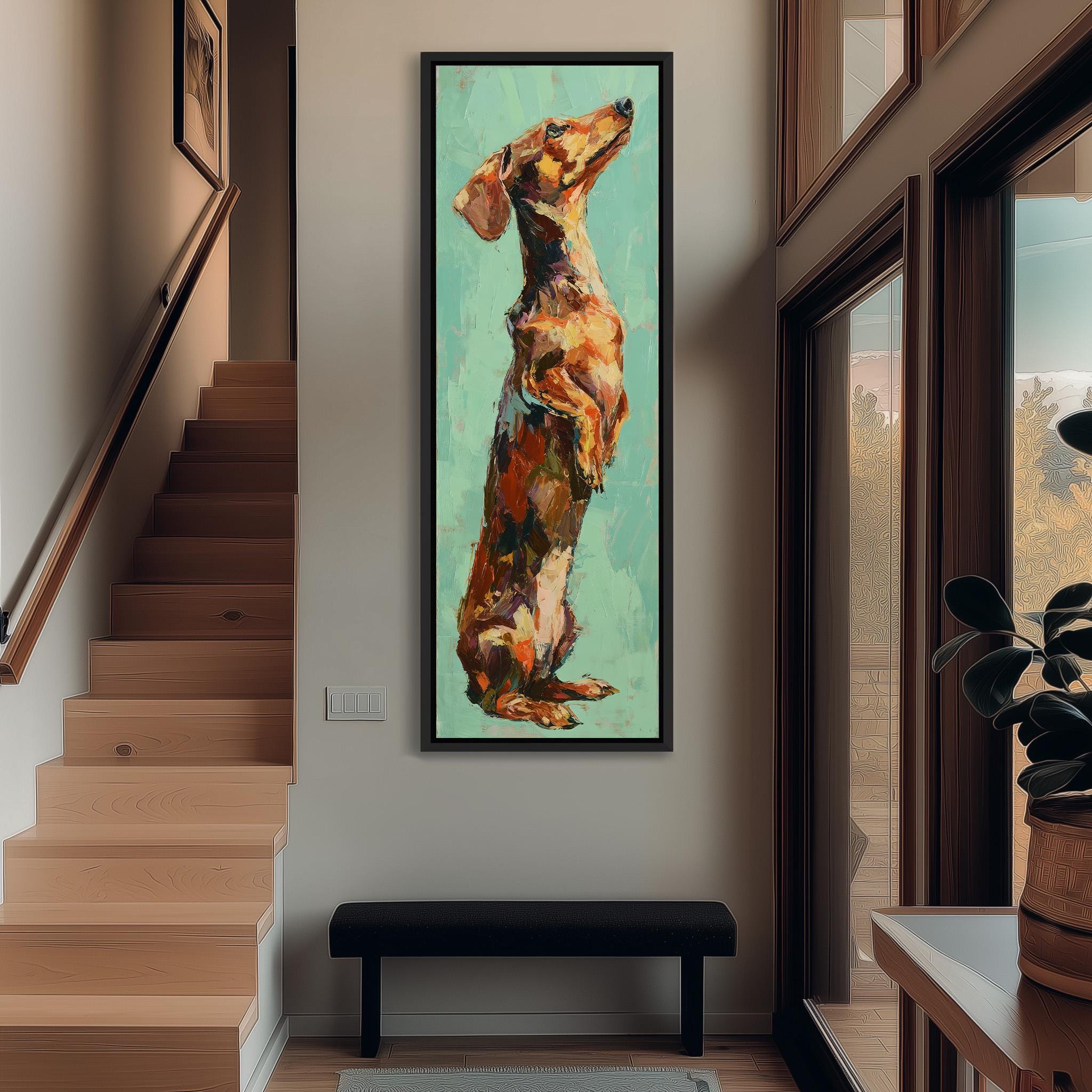 a large painting of a dachshund dog, which is hanging on the wall in a hallway. The painting is surrounded by a wooden staircase and a bench, creating a cozy and inviting atmosphere.