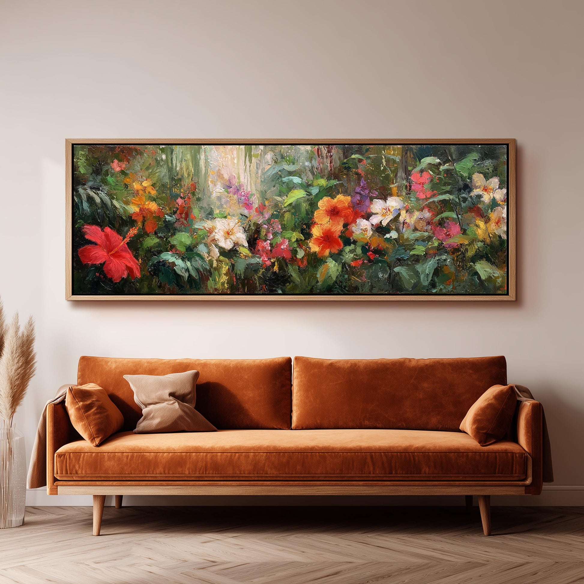 a large, vibrant painting of a lush garden with a variety of colorful flowers hanging on a wall above a brown sofa.