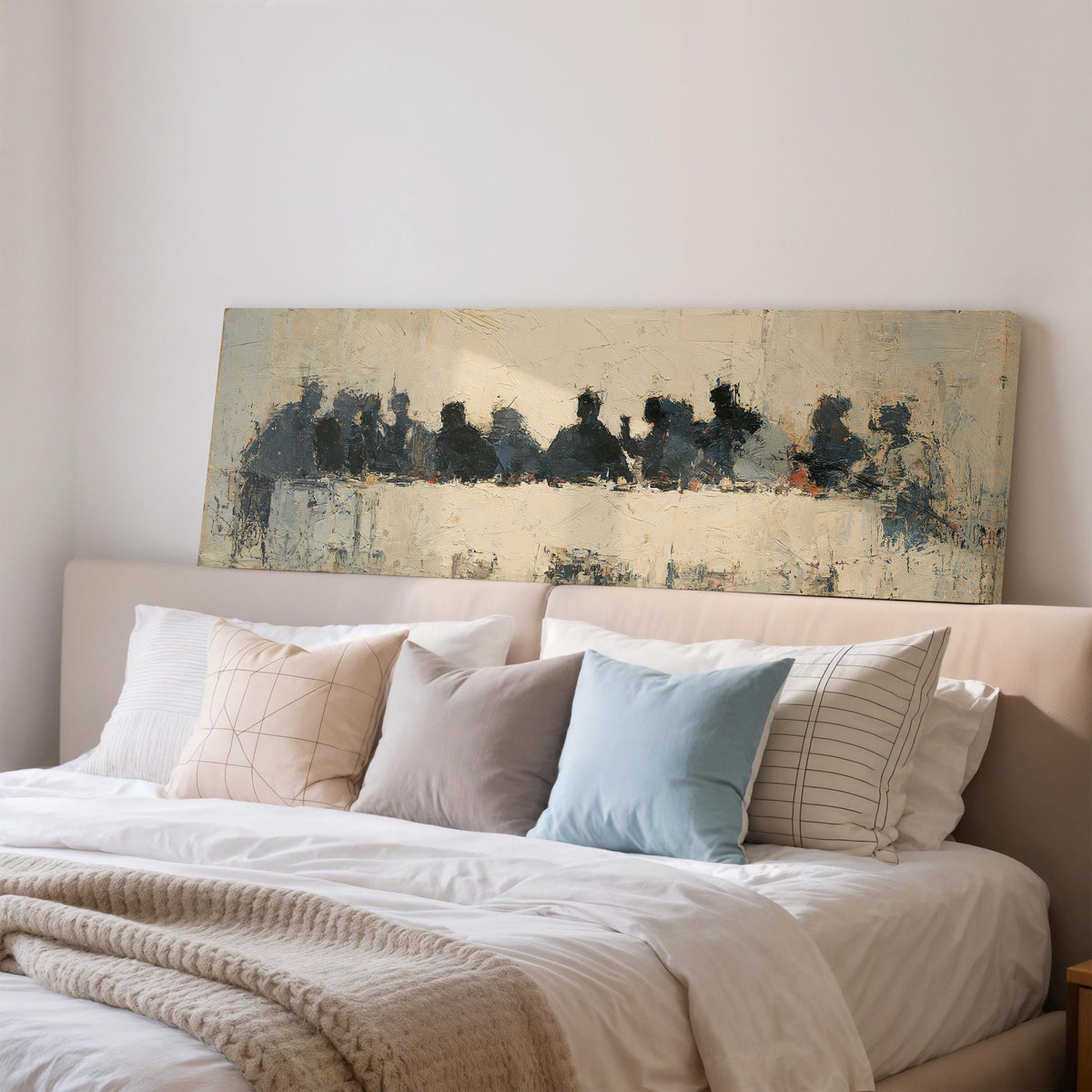 Abstract silhouette Last Supper wide panoramic canvas print above a bed in a bedroom