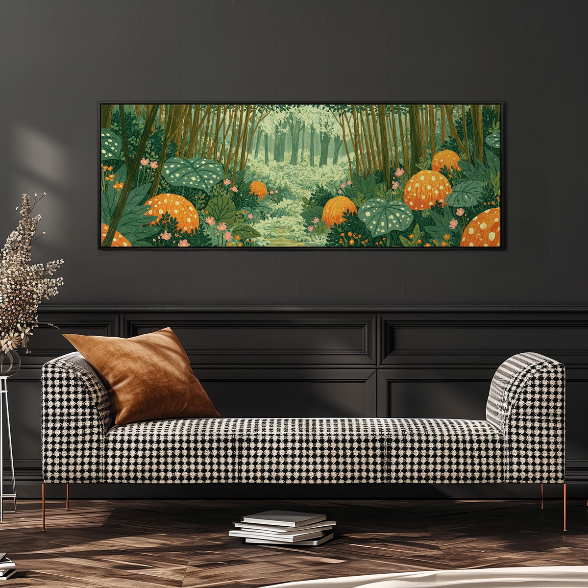 Amber mushroom forest wide panoramic canvas print above a bench in a dark living room