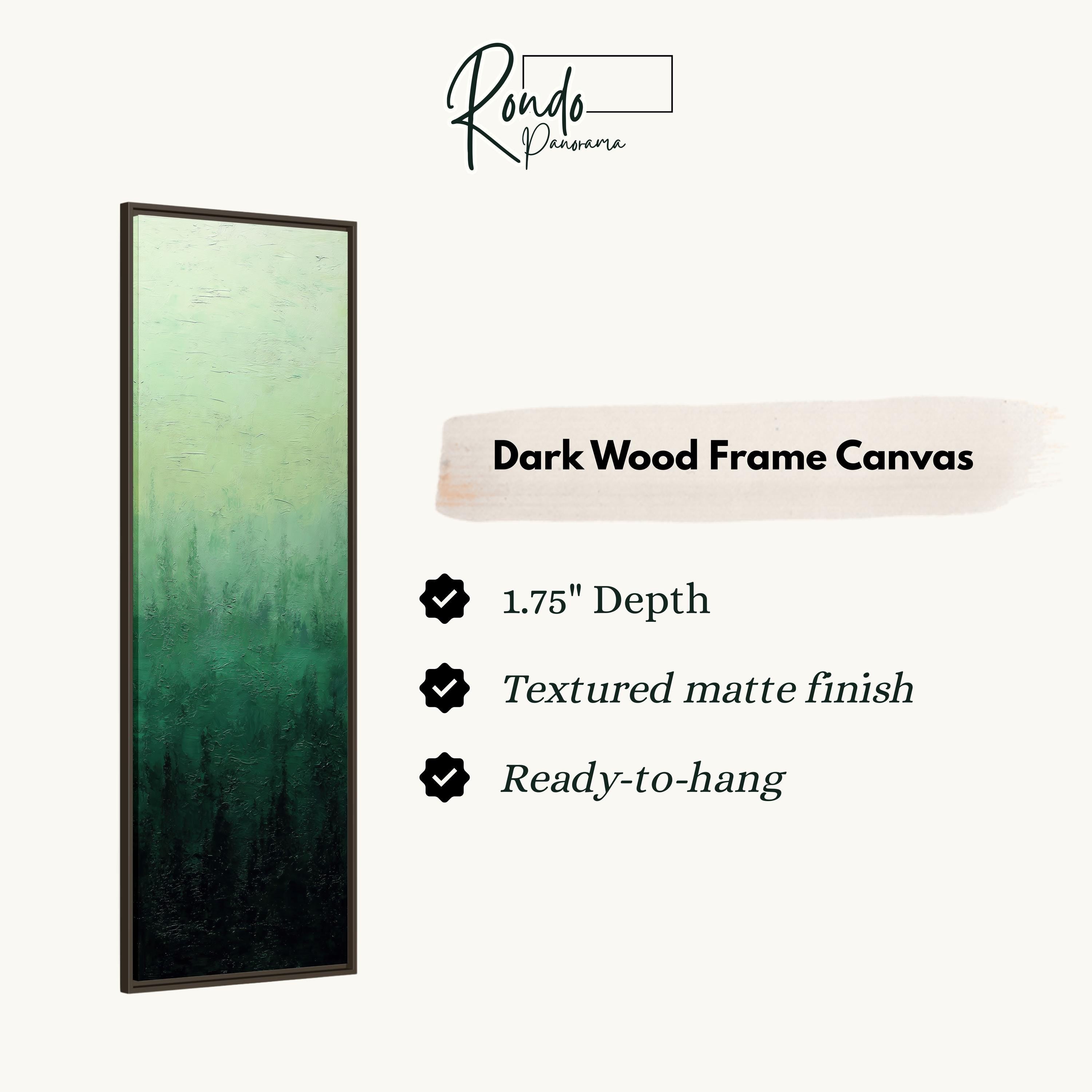 The image is a product description for a dark wood frame canvas. It features a vertical image of a forest scene with a textured finish and a 1.75" depth. The canvas is ready to hang and has a textured matte finish.