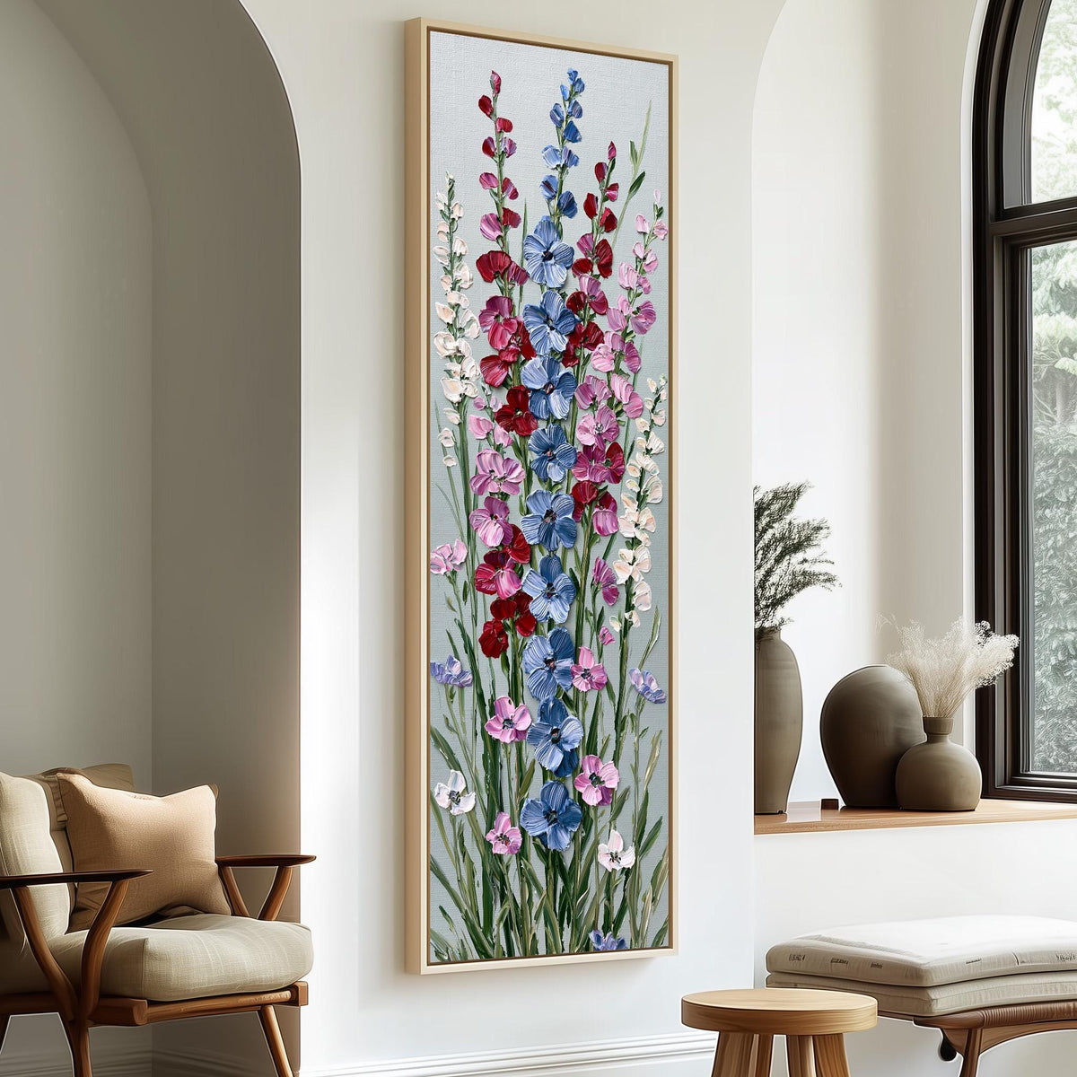 Tall delphinium flower stalks long vertical canvas print in a sunlit living space