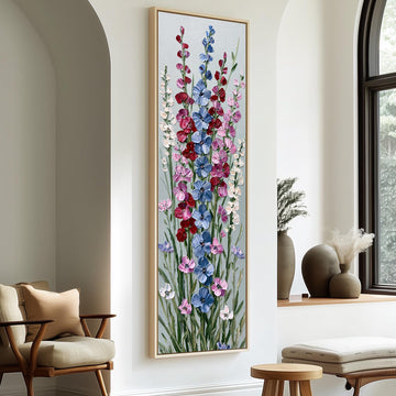 Tall delphinium flower stalks long vertical canvas print in a sunlit living space